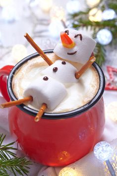 marshmallows in the shape of snowmen on top of hot chocolate