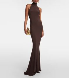 Turtleneck jersey gown in brown - Norma Kamali | Mytheresa Fitted Floor-length Elastane Dress, Elastane Maxi Gown For Gala, Gala Maxi Length Elastane Gown, Elastane Maxi-length Evening Gown, Elastane Maxi Evening Gown, Stretch Sleeveless Evening Dress In Elastane, Evening Elastane Maxi Gown, Evening Maxi Gown In Elastane, Fitted Sleeveless Elastane Evening Dress