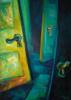 an oil painting of a door and window in a room with green walls, blue flooring and yellow trim