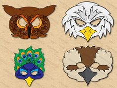 four different colored masks with an owl, eagle, and bird design on them in various colors