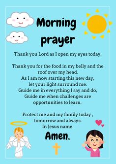 a blue background with an angel and the words,'morning prayer thank you lord as i open my eyes today