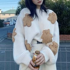 Cute And Cozy Bear Sweater Loose Fit Style For The Look! Kawaii Bear Shirt, Bear Print Sweater, Cute Knited Sweaters, Cute Sweaters Brown, Brown And White Knitted Sweater, Knitted Sweater For Teddy Bear, Bunny Sweater Crochet, Winter Cute Sweater, Boba Tea Sweater