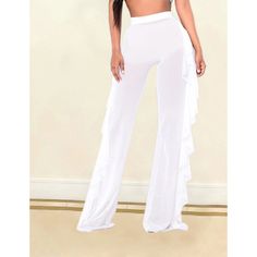 White Sheer Mesh Tasseled Bell Bottom Pants Chic Fringe Summer Pants, Fitted Bottoms With Tassels For Spring, Chic White Bottoms With Fringe, Chic Tassel Pants For Spring, Fitted Wide Leg Bottoms With Fringe, Casual Bottoms With Tassels, Spring Wide Leg Bottoms With Fringe, Casual White Party Pants, Wide Leg Bottoms With Tassels