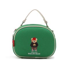 a small green bag with a bear on it's front and side zippers