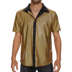 PRICES MAY VARY. MATERIAL: This men's disco shirt is made of high quality cotton and polyester. The fabric is lightweight,comfortable, breathable, and soft to wear. 70S/80S Design:Mens sequin shirts is a 70s style with button down, foldable collar,loose and easy to match, vintage metallic sequin design, let you shine in the stage, more eye-catching under the light, the best choice for disco party. Easy Match:Short sleeve vintage shirts can be paired with sunglasses, loose pants, jeans, leather s Disco Outfits Party, Men 70s Outfit, 70s Disco Outfit, Rave Halloween, Disco Outfits, Costumes For Work, 70s Outfit, Witcher Geralt, Disco Costume