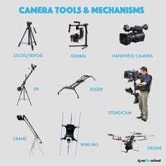 there are many different types of camera tools and mechanisms in this picture, including the tripod