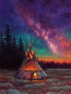 a painting of a teepee in the middle of a field with trees and stars