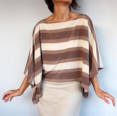 Evening Wear Top Tunic, Boat Neck Blouse Poncho, Beige Cream Striped OOAK Mother of the Bride Fashio Evening Wear Tops, Mother Of The Bride Fashion, Formal Blouses, Evening Blouses, Bride Fashion, Formal Tops, Silk Tunic, Blouse For Women, Dress Cover