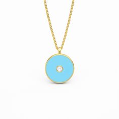 ITEM INFORMATION Gemstone:  * Turquoise & Diamond Pendant dimensions:  * 10 or 15 mm (Diameter) Metal:  * 925 Sterling Silver with 18K Yellow Gold Plating  * 18K Yellow Gold Also available in:  * Different Dimensions & Gemstones * 925 Sterling Silver with plating in: 18K Rose, White Palladium, Black PVD * 18K Rose Gold, 18K White Gold, 18K Gold Black DLC Chain: * Length: 16" or 18" (more lengths available on request) Engraving*:  * Free up to 7 character, if over a quote will be provided All our Bespoke Jewellery, 18k Rose Gold, Diamond Pendant, Gold Plating, Pendant Necklaces, Silver Pendant, Jewelry Necklace Pendant, Necklace Lengths, 18k Gold