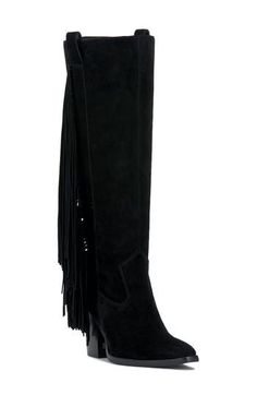 Swingy fringe cascades down the side of a statement-making knee-high boot balanced by a slender toe and stacked block heel. 3" heel 15 1/4" shaft; 15 3/4" calf circumference Pull-on style Leather upper/synthetic lining and sole Imported Extra Wide Calf Boots, Vince Camuto Boots, Walker Shoes, Fringe Boots, Wide Calf Boots, Suede Fringe, Wide Calf, Designer Clothes For Men, Calf Boots