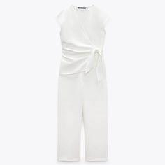 Nwt. Zara Ecru Knotted Wrap Short Sleeves Jumpsuit With Surplice V-Neckline. Front Knot. Straight Leg. Side Hidden In-Seam Zip Closure. Size M. Ref. 0387/060. Pit To Pit 19" Flat, Shoulders 20", Waist 15,5", Rise 13,5", Inseam 27", Length 58". Elegant White V-neck Jumpsuit, White V-neck Jumpsuits And Rompers For Formal Occasions, White Fitted Pantsuit For Spring, Fitted White Pantsuit For Spring, Chic White Jumpsuits And Rompers For Spring, White Fitted V-neck Pantsuit, Elegant Zara Jumpsuits And Rompers For Work, Elegant Zara Jumpsuits And Rompers, White Summer Jumpsuits And Rompers For Work