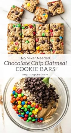 no mixer needed chocolate chip oatmeal cookie bars with m & ms on top