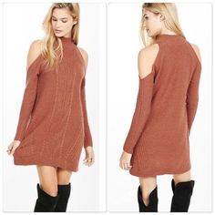 Nwt, Never Worn Before. Cute Burnt Orange Color, Mock Neck And Cold Shoulder Details. Size Small, Perfect For Fall And Winter Also Can Dress It Up Or Down! 67% Cotton, 18% Acrylic, 12% Nylon, 2% Wool, 1% Mohair Cold Shoulder Dresses For Date Night In Fall, Cold Shoulder Sweater Dress, Fall Sweater Dress, Dress For Fall, Black Knee High Boots, Burnt Orange Color, Cold Shoulder Sweater, Black Knees, Express Dresses