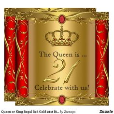 a red and gold 60th birthday party card with a crown on the front, surrounded by ornate scrolls