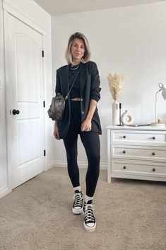 Shop details in the LTK App White Converse Business Casual, Converse And Leggings Outfit, Styling Converse High Tops, High Top Converse Outfit, Outfits With High Tops, Converse Outfit Fall, Leggings Work Outfit, Converse Haute, Leggings And Converse