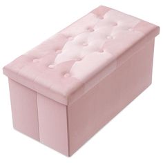 a pink storage bench with buttons on the top and bottom, sitting against a white background