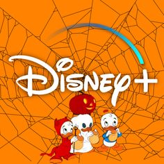 disney plus logo on an orange background with three cartoon characters in front of the screen