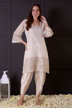 White mul chanderi kurta with cutwork, zari and gota embroidery. Comes with modal satin dhoti pant. - Aza Fashions Gota Embroidery, Dhoti Pants, White Kurta, Fashion App, Cut Work, Pant Set, Set For Women, Aza Fashion, Pants Set