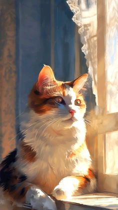 a cat is sitting on the window sill looking out at the sun coming through