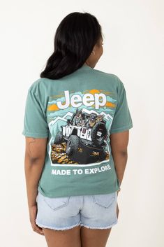 Jeep lovers, this one’s for you! This Jeep Off Road Trip T-Shirt in Green features a rubber duck graphic, comfortable cotton/poly blend, and short sleeves. Great for every day wear, style this unisex tee with denim or joggers this season! Features: Buck Wear Style: 3772-GREEN Color: Green 100% Cotton Jeep shirts Graphic tees Short sleeves, crew neckline Back graphic of dogs riding in a jeep reads “made to explore” Jeep logo on front chest Unisex sizing Measurements from size large: Length from c Jeep Logo, Duck Graphic, Jeep Shirts, Jeep Lover, Shirts Graphic, Rubber Duck, Off Road, Crew Neckline, Green Color