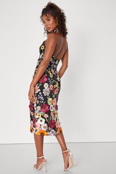 3D Embroidered Dress - Black Floral Dress - Halter Neck Dress - Lulus Fitted Floral Applique Midi Dress For Spring, Fitted Midi Dress With Floral Applique For Spring, Floral Applique Dress For Summer Garden Party, Summer Floral Dress With Applique For Garden Party, Chic Floral Embroidered Dress For Spring, Chic Floral Embroidery Dress For Spring, Chic Spring Floral Dress With Embroidery, Summer Floral Applique Dress For Garden Party, Chic Spring Floral Embroidered Dress