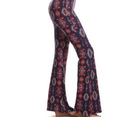 This Buttery Soft Pair Of Printed Yoga Pants Are High Waisted With Slimming Support And Compressing In The Thigh And Mid Section. The Flare Is Feminine, Smooth And Form Flattering. Aztec Print Patterns Add A Touch Of Fun And Fashion Forward Whimsy To Your Daily Wear! Measurements (Flat Laid) Waist M 36”L 28” Circumference Length M 42”L 42” Inseam M 33.5”L 35” Rise M 9.5” L 10” Fitted Flare Bottoms With Elastic Waistband, Fitted Wide Leg Pants With Elastic Waistband For Fall, Fall High-waisted Yoga Pants, Bell Bottom Leggings, Printed Bell Bottoms, Printed Yoga Pants, Summer Boho, Flare Leg Pants, Bell Bottom