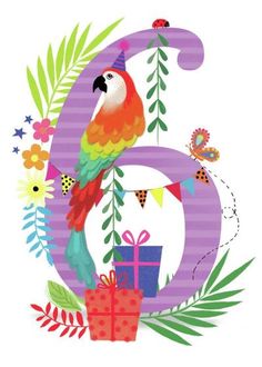 a colorful bird sitting on top of a letter g with flowers and leaves around it