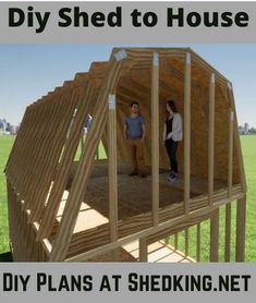 two people standing in a shed with the words diy shed to house on it