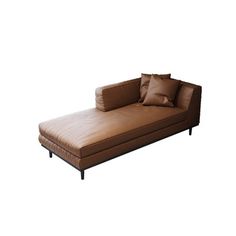 a brown leather couch with pillows on the top and bottom end, sitting in front of a white background