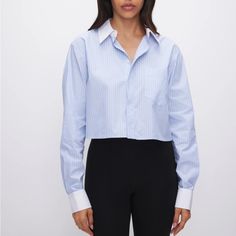 Nwt Poplin Cropped Shirt Cropped Length Long Sleeve Button Up Front Boxy Fit Chest Pocket Detail Blue Color Fabric: 100% Cotton Care: Wash Cold, Tumble Dry Low Blue Blouse With Striped Collar For Daywear, Blue Shirt With Striped Collar For Daywear, Blue Collared Cropped Shirt For Work, Blue Office Tops With Shirttail Hem, Blue Workwear Top With Striped Collar, Blue Office Shirt With Striped Collar, Blue Cuffed Sleeves Top For Office, Blue Office Tops With Cuffed Sleeves, Blue Tops With Cuffed Sleeves For Office