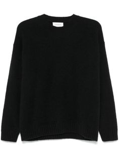 black cashmere blend knitted construction brushed finish crew neck drop shoulder long sleeves ribbed cuffs and hem Black Sweater, Winter 2024, Sweater Black, Black Knit, Black Sweaters, Drop Shoulder, Crew Neck Sweater, Knitted Sweaters, Cashmere