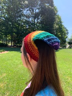 Super comfy rainbow crochet bandana! The slightly tempered colors make this rainbow easy to style, and the 7" tie strings make it adjustable and easy to wear. The perfect accessory to add some flair to any outfit! Colorful Adjustable Crochet Hat, Multicolor One Size Crochet Hat Casual, Colorful Adjustable Casual Crochet Hat, Casual Adjustable Colorful Crochet Hat, Casual Colorful Adjustable Crochet Hat, One Size Multicolor Crochet Hat, Fun Multicolor Adjustable Crochet Hat, Fun Adjustable Multicolor Crochet Hat, Adjustable Multicolor Hippie Crochet Hat