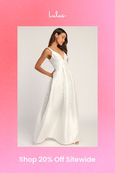 Celebrate a day full of love with the Ready For Romance Ivory Sleeveless Maxi Dress With Pockets! Medium-weight, satiny woven fabric with an elegant sheen throughout shapes this gorgeous gown, with a plunging V-neckline and an open back, supported by tank straps. Princess-seamed cups top a banded, set-in waist, that falls to an A-line skirt (with side-seam pockets) that ends at a maxi hem. Hidden back zipper/clasp. Fit: This garment fits true to size. Length: Floor length. Size medium measures 60" from shoulder to hem. Bust: Great for any cup size. Waist: Fitted - very fitted at natural waist. Hip: Not Fitted - fuller skirt allows room for hips. Undergarments: May be worn with petals, or no bra. Fabric: Fabric has no stretch. Lined. Self: 100% Polyester. Lining: 100% Polyester. Hand Wash C Spring Sleeveless Satin Gown, White Satin Sleeveless Dress With Fitted Bodice, White Sleeveless Satin Dress For Formal Occasions, Sleeveless Satin Dress With Pleated Bodice For Wedding, Sleeveless Satin Wedding Dress With Pleated Bodice, White Sleeveless Satin Evening Dress, Elegant Sleeveless Satin Gown, White Satin V-neck Maxi Dress, Chic Satin Gown With Lined Bodice