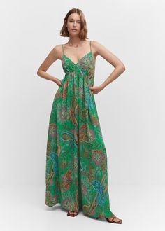 Open back printed dress - Women | MANGO USA Fabric Texture, Printed Dress, Textured Fabric, Paisley Print, Open Back, Paisley, Mango, Vogue, V Neck