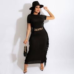 Black Dress Belt Not Included Black Maxi Dress For Club In Fall, Spring Party Maxi Dress With Tassels, Fitted Maxi Dress With Tassels For Evening, Elegant Fitted Maxi Dress With Tassels, Chic Spring Maxi Dress With Tassels, Chic Maxi Dress With Tassels, Chic Maxi Length Dresses With Tassels, Fitted Maxi Dress With Tassels, Spring Black Maxi Dress With Fringe