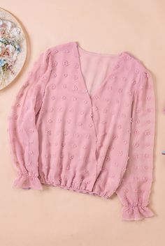 Pink Polka Dot Print Deep V Neck Blouse Spring V-neck Swiss Dot Top, Polka Dot Swiss Dot V-neck Top, Deep V Neck Blouse, Color Blouse, Chic Blouses, Embroidery Blouse, Comfortable Tops, Blouse Online, Pink Polka Dots