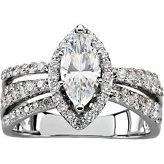 a white gold ring with an oval cut diamond surrounded by smaller round diamonds on each band