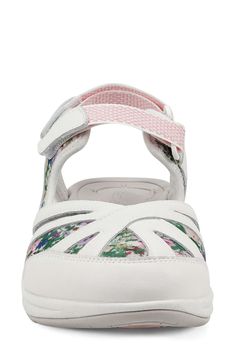 Adjustable hook-and-loop straps provide a custom fit for this pretty but hardy hiking sandal with feminine floral panels. 1" heel Cushioned insole with arch support Leather upper/textile lining/rubber sole Imported Outdoor White Sport Sandals With Arch Support, White Sport Sandals For Spring Outdoor Activities, White Walking Shoes With Removable Insole For Outdoor Activities, White Sandals With Arch Support For Outdoor, Spring Outdoor Walking Shoes With Arch Support, White Sport Sandals With Arch Support For Outdoor, Walking Shoes For Outdoor Activities In Spring, Cushioned Footbed Sandals For Hiking In Spring, Cushioned Sandals For Hiking In Spring