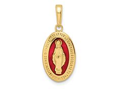 14K yellow gold solid red enameled Miraculous medal pendant with polished finish. Measures approximately 15/16"L x 3/8"W. Red Round Jewelry With Black Enamel, Red Enamel Collectible Jewelry, Red Enamel Jewelry With Charms, Collectible Red Medallion Jewelry, 14k Gold Red Engraved Jewelry, Red 14k Gold Engraved Jewelry, Red Engraved Round Pendant Jewelry, Collectible Red 14k Stamped Jewelry, Red Engraved 14k Gold Jewelry