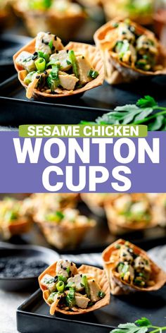 If you need a fun appetizer idea, you're in the right place! These crispy wonton cups are filled with a tasty Sesame Chicken Salad with tender chunks of chicken are tossed with an absolutely delicious sweet and savory dressing that's made with tahini, tamari, mayonnaise and maple syrup. I then added snow peas, carrots, scallions and a sprinkling of fresh herbs to brighten it up and add texture. It is awesome on its own, but even better in the wonton cups.