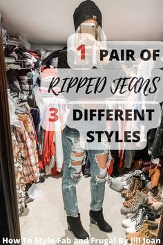 Perfet post for expanding your closet without buying more clothes! I would have never thought to style ripped jeans like this! Ripped Jeans Outfit Winter Casual, Styling Ripped Jeans Winter, Casual Ripped Jeans For Winter, Urban Style Ripped Jeans For Fall, Cheap Ripped Jeans For Fall