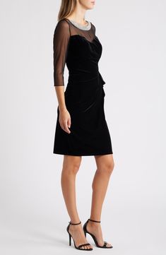 Contrasting illusion mesh lends an ethereal vibe to this soft velvet sheath dress topped by an embellished neck. 39" length (size 8) Back zip closure Bateau neck Three-quarter sleeves Partially lined 90% polyester, 10% spandex with 83% polyester, 17% spandex contrast Hand wash, dry flat Imported Elegant Fitted Velvet Dress, Elegant Fitted Knee-length Velvet Dress, Elegant Fitted Velvet Dress For Formal Occasions, Formal Knee-length Dress With Illusion Neckline, Elegant Fitted Velvet Holiday Dress, Elegant Fitted Velvet Formal Dress, Formal Knee-length Fitted Velvet Dress, Knee-length Fitted Velvet Dress For Formal Occasions, Fitted Sheath Dress With Illusion Neckline