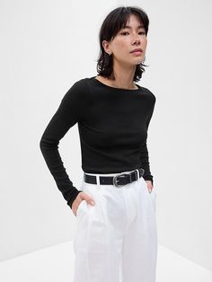 Black Boatneck Top, Gap Long Sleeve Shirt, Womens Black Long Sleeve Shirt, Fw 2024, Boat Neck Shirt, 2024 Wishlist, Romanticizing School, Black Shirts Women, Wardrobe Capsule