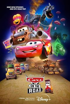 the poster for cars on the road starring characters from disney and pixar movies