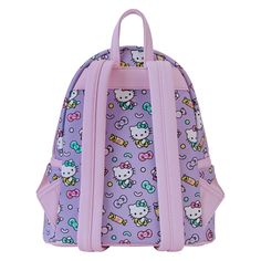 What's not to love about Hello Kitty! Treat yourself to this cute All-over-print backpack featuring hello kitty surrounded by colorful sweets! There's sprinkles, donuts, an assortment of wrapped candies, and matching hello kitty bows printed on this adorable bag. And don't forget the Hello Kitty donut Zipper charm! This bag is sure to satisfy your Hello Kitty craving! Material: Faux leather (polyurethane) Features: Front zip pocket, 2 side pockets, inside zip pocket, enamel zipper charm, and pri Cute Hello Kitty Print Backpack For School Year End, Cute Hello Kitty Backpack For End Of School Year, Playful Hello Kitty Backpack For Everyday Use, Everyday Multicolor Hello Kitty Backpack, Hello Kitty Kawaii Backpack For Back To School, Playful Hello Kitty Backpack For Back To School, Kawaii Hello Kitty Backpack For Back To School, Kawaii Hello Kitty Bag For Back To School, Cute Multicolor Hello Kitty Backpack