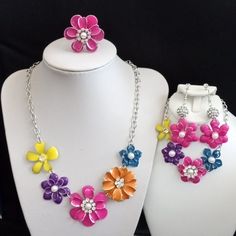 It Is Beautiful, Elegant, Modern And Fun. This Set Is Complete With 4 Pieces And All Brand New And In Perfect Condition. ( Bs1) Multicolor Flower Shape Jewelry For Party, Multicolor Party Jewelry With Flower Shape, Multicolor Flower Necklace For Spring Gift, Multicolor Flower Necklace As Spring Gift, Multicolor Flower Shape Party Jewelry, Spring Multicolor Flower Necklace As Gift, Handmade Multicolor Jewelry For Mother's Day, Multicolor Jewelry For Mother's Day Party, Colorful Metal Jewelry For Gifts