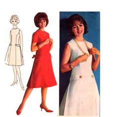 a woman in a red and white dress standing next to an image of a women's dress