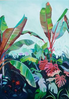 an oil painting of tropical plants and flowers