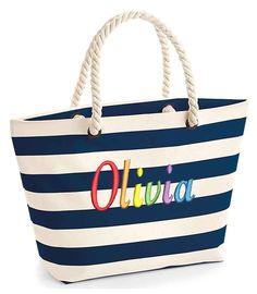 This lovely striped bag is new to our shop, this really makes a perfect gift for that special someone in your life. I will embroider a name in rainbow colours onto your holdall. Product information 100% brushed cotton canvas Dimensions:35 x 36 x 18 cm Durable canvas construction. Heavyweight rope carry/shoulder straps (60cm long). Capacity 22 litres. Multicolor Tote Bag With Striped Lining, Summer Vacation Beach Bag With Striped Lining, Striped Rectangular Beach Bag For Shopping, Striped Summer Beach Bag For Beach Season, Summer Striped Beach Bag For Beach Season, Striped Summer Beach Bag, Striped Tote Beach Bag For Shopping, Striped Rectangular Vacation Bag, Summer Striped Rectangular Bags