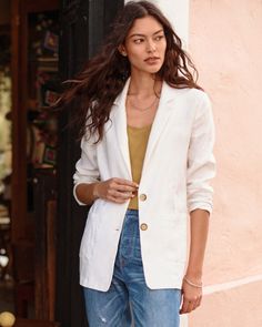 Washed-Linen Blazer | Garnet Hill Green Linen Blazer Outfit, Linen Blazer Outfit, Linen Blazers Women, Viking Cruise, Neutral Jacket, Cruise 2023, Blazer Outfit, White Sea, Linen Casual